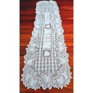Vintage White Lace Table Runner Heart Apple Design Cotton Blend No Tag